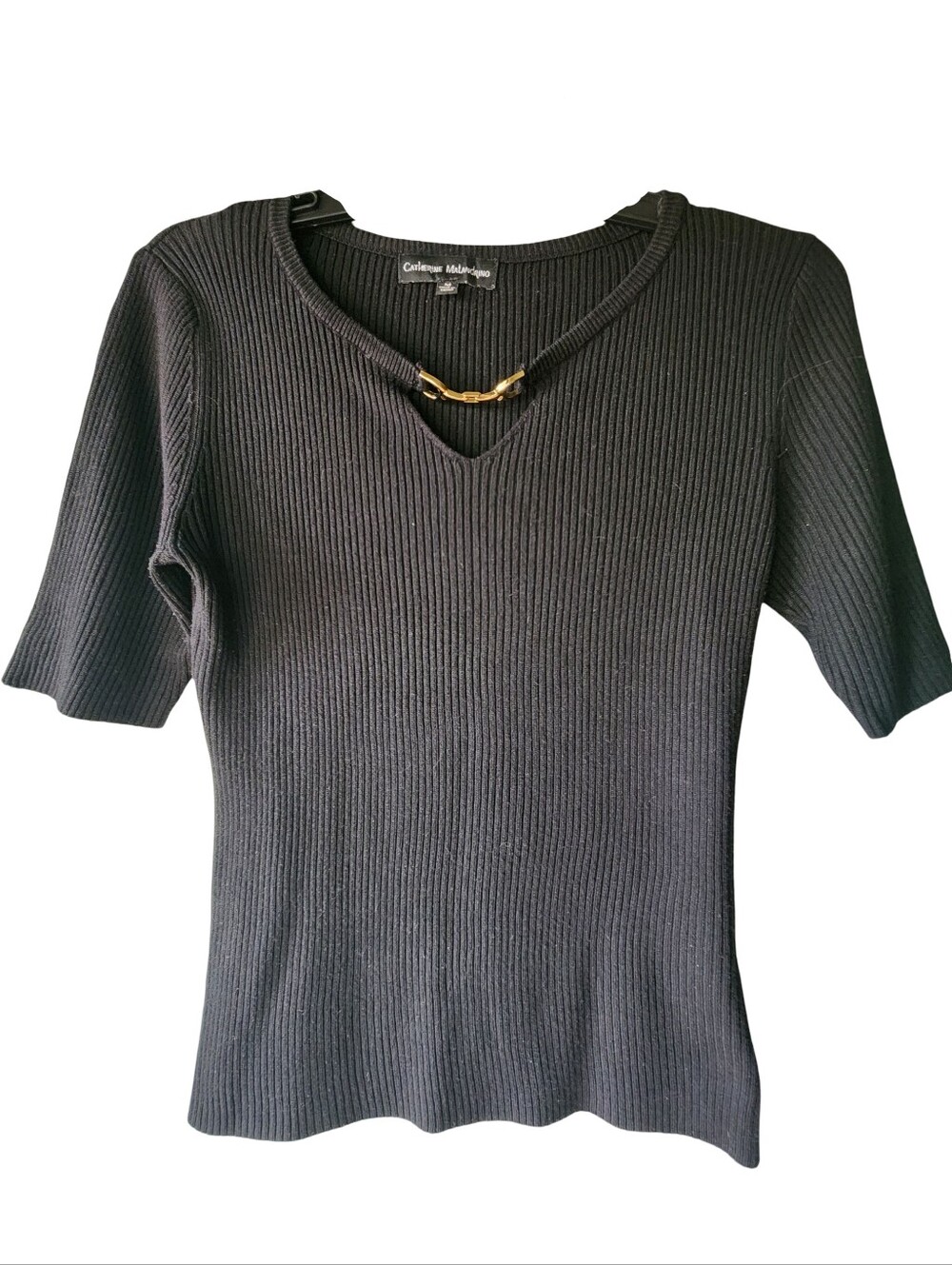 CATHERINE MALANDRINO Black Short Sleeve Ribbed Keyhole Blouse Sweater Sz M